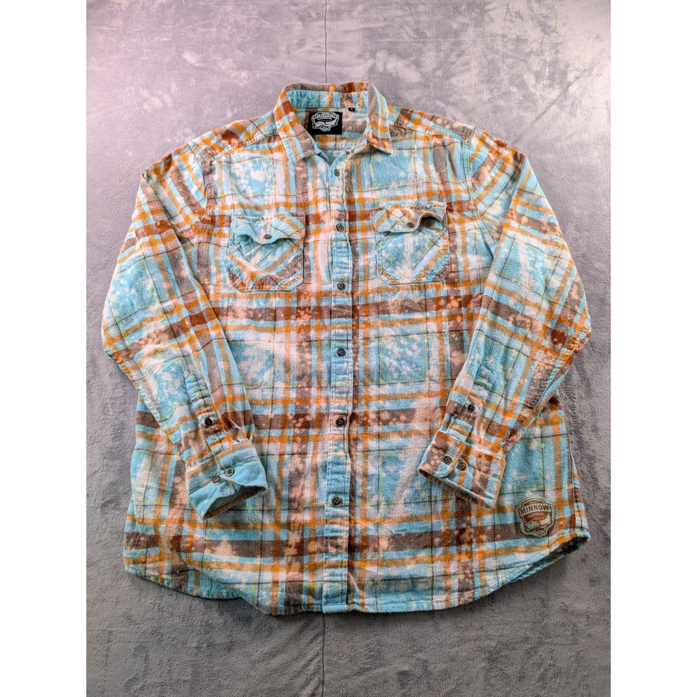 Angry Minnow Vintage Bleached Plaid Flannel Shirt Mens XL Graphic Patch Weird